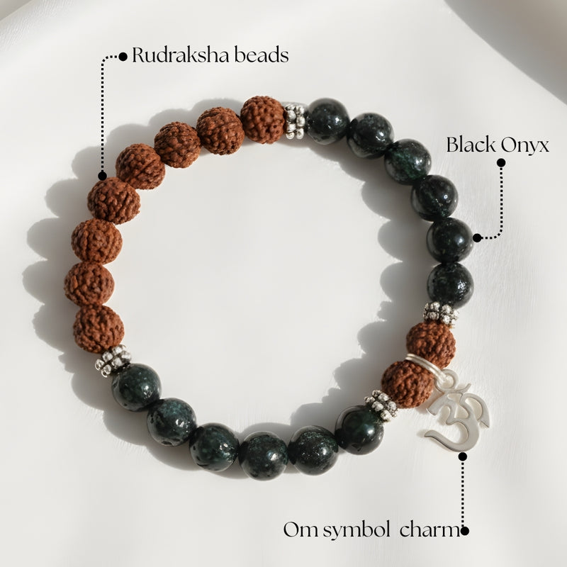 Rudraksha & Black Onyx Bracelet with Om Symbol Charm