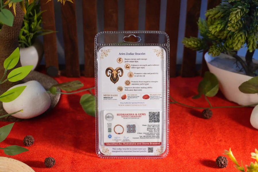 Mesh Rashi Bracelet Lab Certified Aries Zodiac Stone & Rudraksha