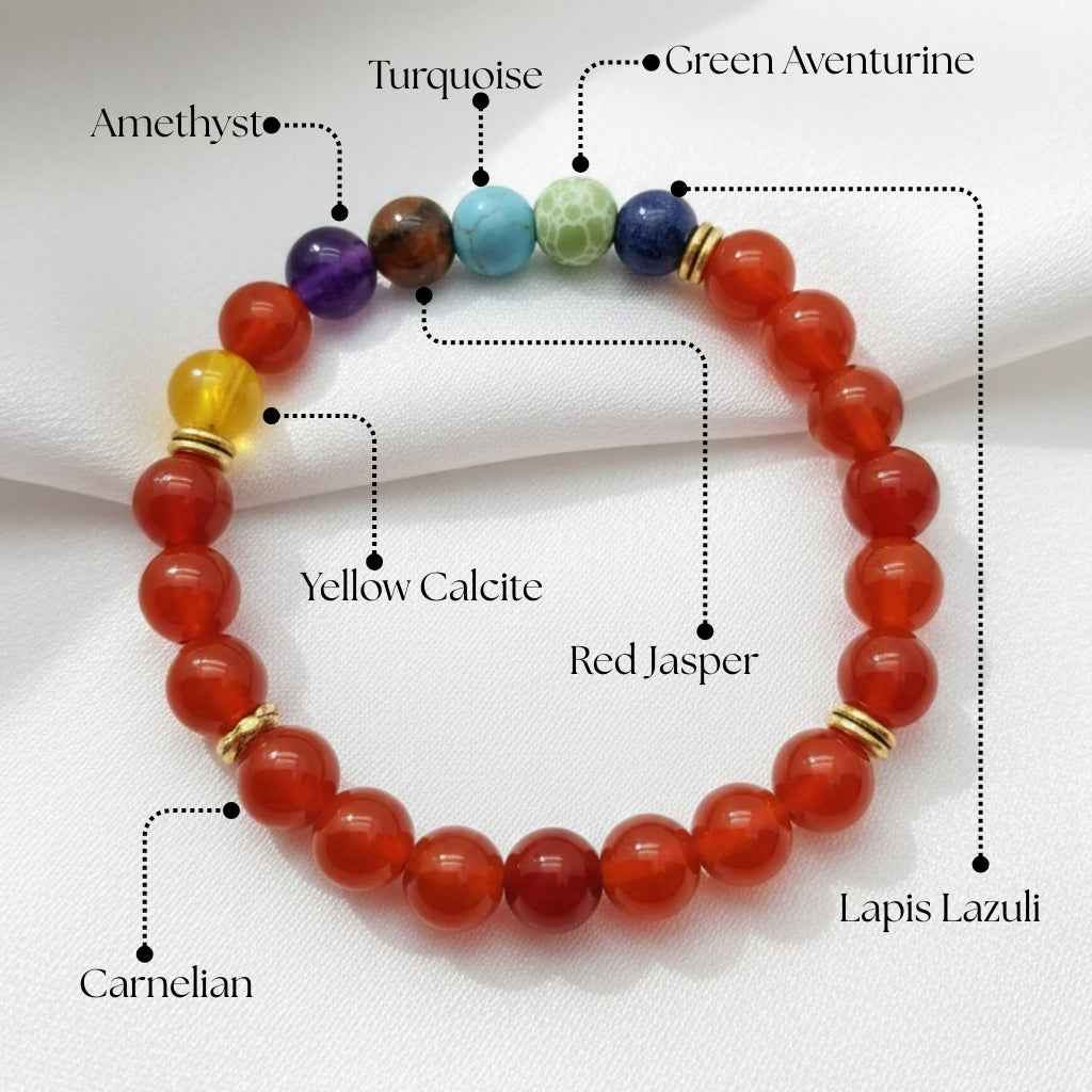 Natural Carnelian & 7 Chakra Beaded Bracelet