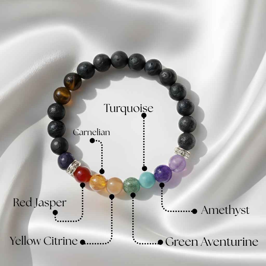 7 Chakra Healing Bracelet Black Onyx & Lava Beads