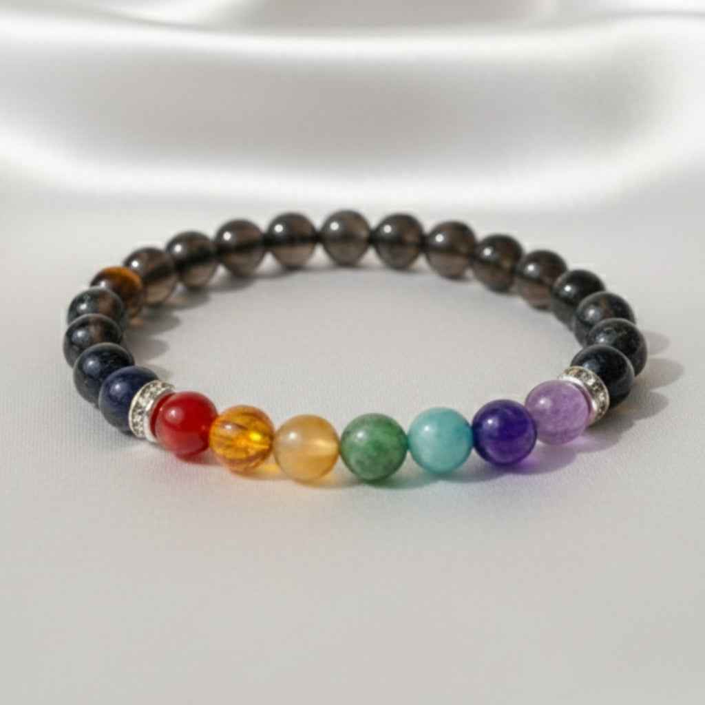 7 Chakra Healing Bracelet Black Onyx & Lava Beads