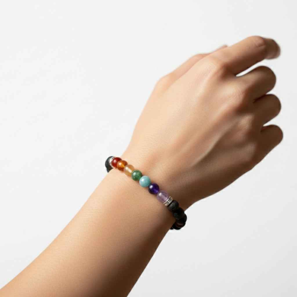 7 Chakra Healing Bracelet Black Onyx & Lava Beads