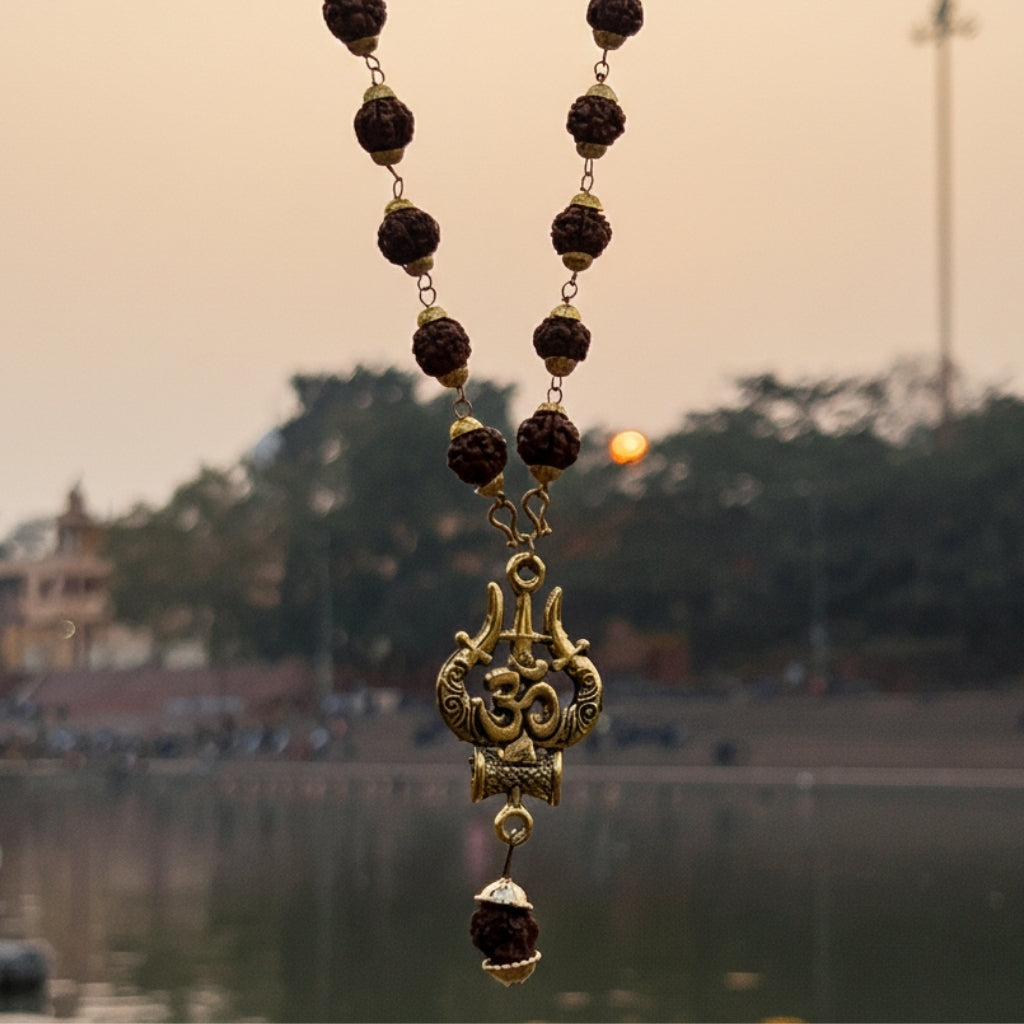 Original Natural Rudraksha Beads Necklace | Gold Tone Spacers & Sacred Trishul Om Pendant | Spiritual Mala