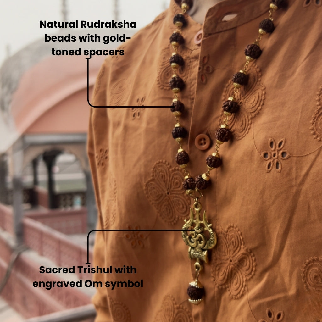 Original Natural Rudraksha Beads Necklace | Gold Tone Spacers & Sacred Trishul Om Pendant | Spiritual Mala