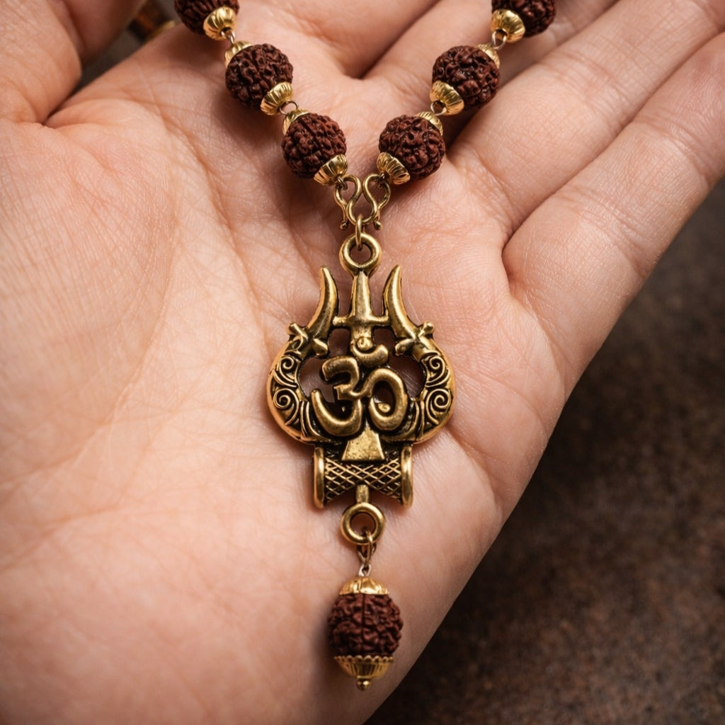 Original Natural Rudraksha Beads Necklace | Gold Tone Spacers & Sacred Trishul Om Pendant | Spiritual Mala