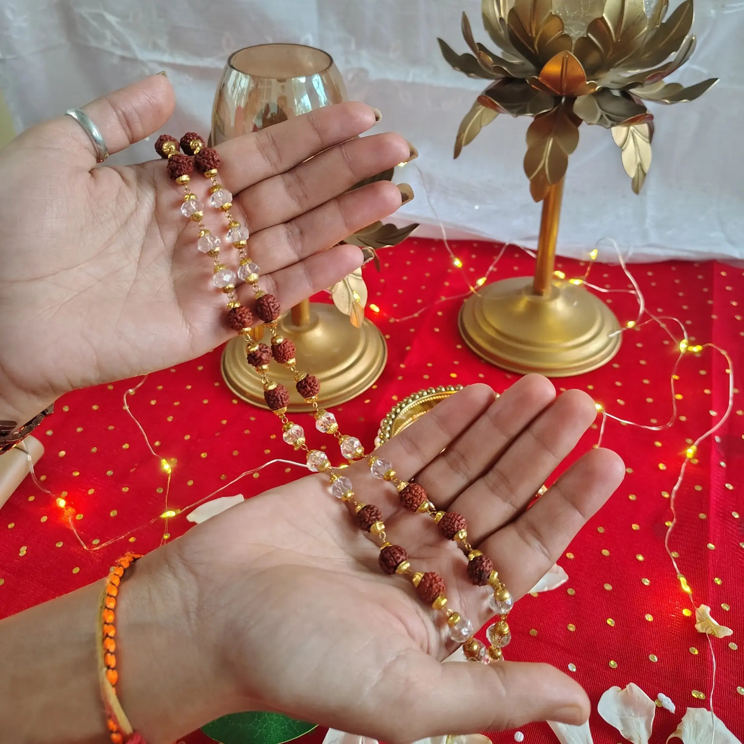 Shree Sankalp Rudraksha Mala with Golden Caps & Crystal Beads – Sacred Energy for Peace, Meditation & Devotion